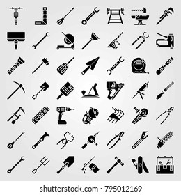 Tools vector icons set. hammer drill, power saw and jackhammer