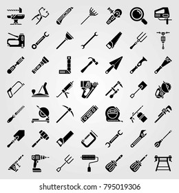 Tools vector icons set. hammer drill, hammer and power saw