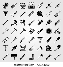 Tools vector icons set. handsaw, fork and paint brush