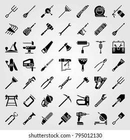 Tools vector icons set. jackhammer, paint roller and spanner