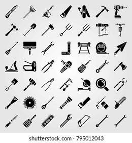 Tools vector icons set. loupe, level and chainsaw