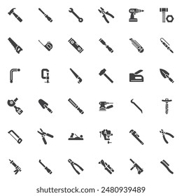 Tools Vektor-Symbole gesetzt, moderne solide Symbol-Kollektion, gefüllte Stil Piktogramm-Paket. Schilder, Logo-Illustration. Set enthält Symbole wie Bohrer, Hammer, Schraubendreher, Lineal, Säge, Kittmesser, Feile, Schraubenschlüssel