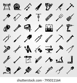 Tools vector icons set. paint brush, pliers and tape