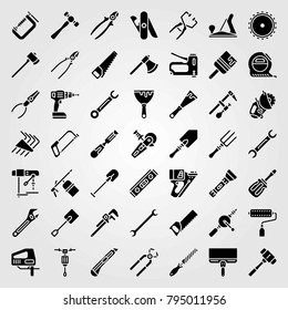 Tools vector icons set. paint roller, screwdriver and allen keys