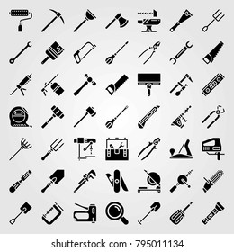 Tools vector icons set. pick axe, axe and chop saw