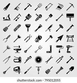 Tools vector icons set. pick axe, hammer drill and hammer