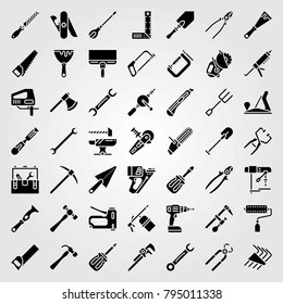 Tools vector icons set. pipe wrench, cutter and jigsaw