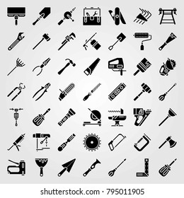 Tools vector icons set. pipe wrench, multitool and torch