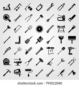 Tools vector icons set. pipe wrench, tape measure and adjustable spanner