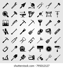 Tools vector icons set. pipe wrench, adjustable spanner and hand drill