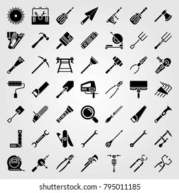 Tools vector icons set. plunger, jigsaw and fork