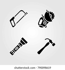 Tools vector icons set. power saw, handsaw and torch