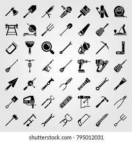 Tools vector icons set. power saw, hammer drill and multitool