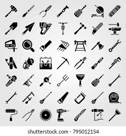 Tools vector icons set. power saw, work brench and saw blade