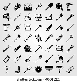Tools vector icons set. ruler, pipe wrench and hand drill
