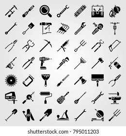 Tools vector icons set. saw blade, scraper and pipe wrench