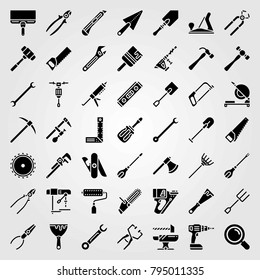 Tools vector icons set. saw blade, cutter and drill