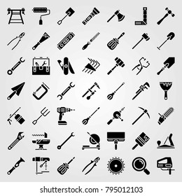 Tools vector icons set. scraper, hand drill and chainsaw