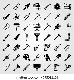 Tools vector icons set. shovel, torch and pick axe