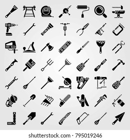 Tools vector icons set. shovel, paint roller and multitool