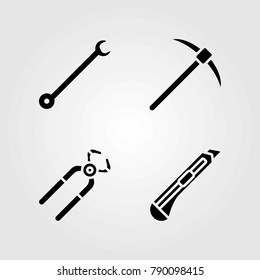 Tools vector icons set. spanner, pick axe and pliers
