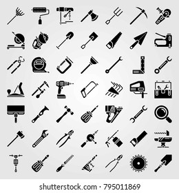 Tools vector icons set. tape measure, screwdriver and chop saw