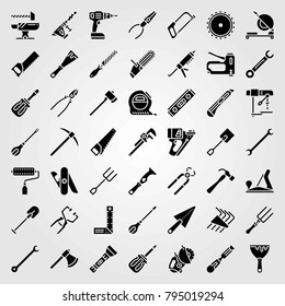 Tools vector icons set. tape measure, chop saw and power saw