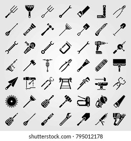 Tools vector icons set. torch, hammer drill and chisel