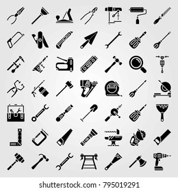 Tools vector icons set. torch, tool box and mallet