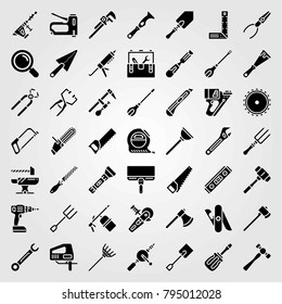 Tools vector icons set. trowel, hammer drill and hand drill