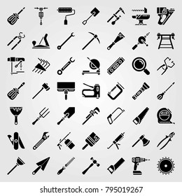 Tools vector icons set. trowel, paint brush and allen keys