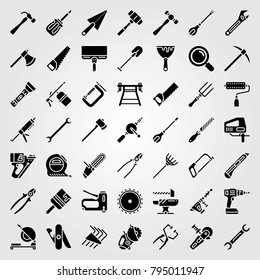 Tools vector icons set. welder, hammer drill and chainsaw