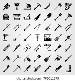 Tools vector icons set. wood plane, nail gun and chainsaw
