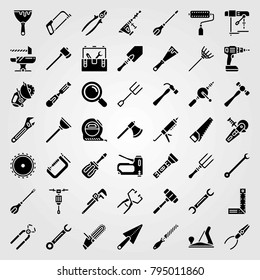 Tools vector icons set. wood plane, drill and pliers