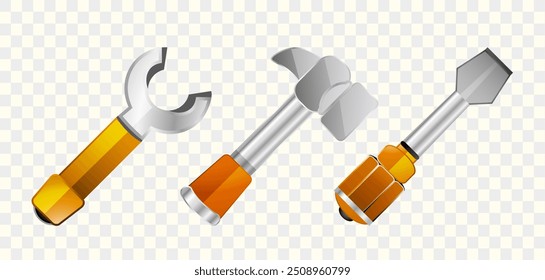 Tools vector illustration. Detailed wrench, screwdriver and hammer icons.
