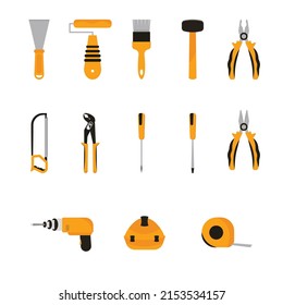 Werkzeuge Vektorgrafik Set einzelne Symbole Bauwerkzeuge Reparatur, Bauten, Bohrer, Hammer, Schraubenzieher, Säge, Datei, Putty-Messer, Lineal, Rollen, Bürste, Werkzeug-Box, Kit flach Stil.