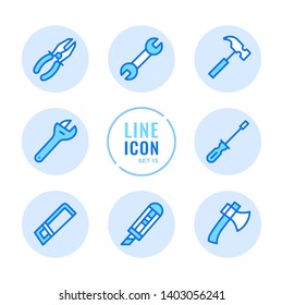 Tools vector line icons set. Wrench, screwdriver, hammer, hand saw, pliers outline symbols. Modern simple stroke graphic elements. Round icons