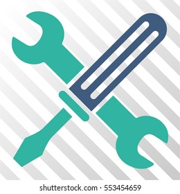 Tools vector pictogram. Illustration style is flat iconic bicolor cobalt and cyan symbol on a hatched transparent background.