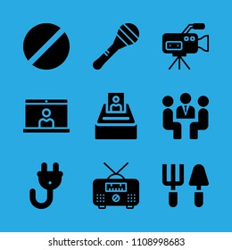 tools, video conference, radio, meeting, prohibited, plug, maraca, selection and video camera vector icon. Simple icons set