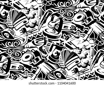 Tools for vinyl film pasting of car. Graffity style illustration. Seamless pattern for your design