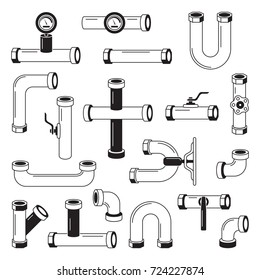 Tools for water pipeline isolated on white. Monochrome pictures. Vector silhouette pipeline and tube, pipe and plumbing equipment illustration