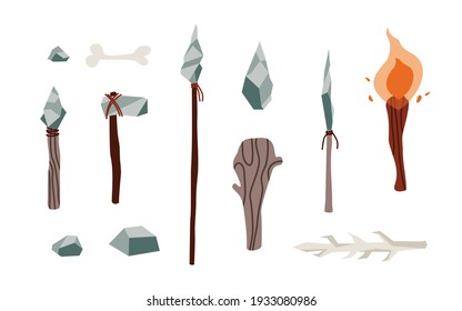 Tools and weapon of stone age. Primitive elements from rock, prehistoric axe and arrow, spear and hammer, fire and wooden club. Flat cartoon vector illustration isolated on white