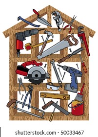 Tools in a wood frame house. Tools are individually grouped. Frame is on separate layer.