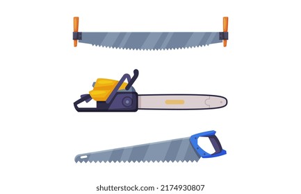 Tools for wood processing and carpentry. Saws set. Woodworker and lumberjack equipment cartoon vector illustration