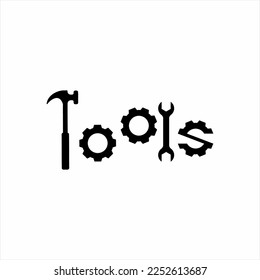 Tools word design with hammer, gear and wrench elements. Tools logo design.