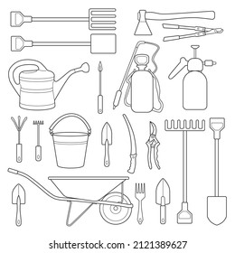 Tools for work in the garden and vegetable garden. Plant care. Linear icons in flat style. Garden tools.