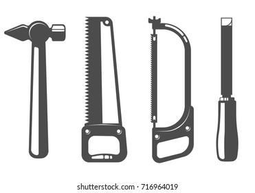 Tools for work on wood. Hammer, saw on wood, saw on metal, chisel. Monochrome art logos isolated on white background