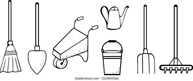 Tools for working in the garden. Cartoon sketch. Hand-drawn. Vector illustration