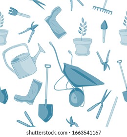 Herramientas para trabajar en el jardín. Trole monocromo sin fisuras, pala, lata de riego, maceta florida con flor, botas de goma, rastrillo, ciruela, cizalladuras. Diseño de embalajes, textiles y vectores