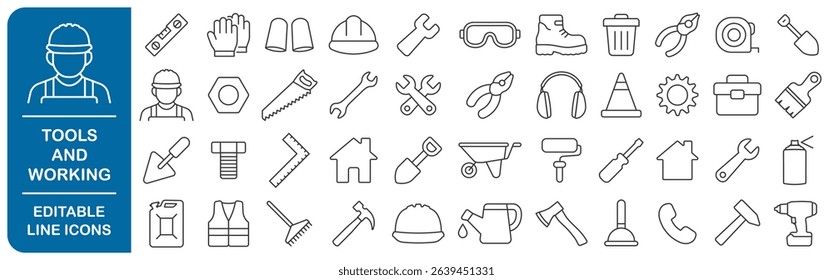 Tools and working safety editable line icons set. Repair, handyman, fixing, work, safety gears, tool logo, icon, sign collection. Vector illustration image. Isolated on white background.
